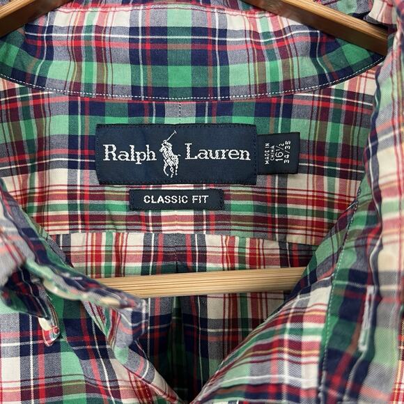 Ralph Lauren Men’s 16.5 34/35 Button Front Shirt Plaid Long Sleeve Green Red - Picture 3 of 9